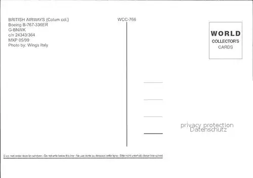 Flugzeuge Zivil British Airways Boeing B 767 336ER G BNWK c n 24343 364 Kat. Airplanes Avions