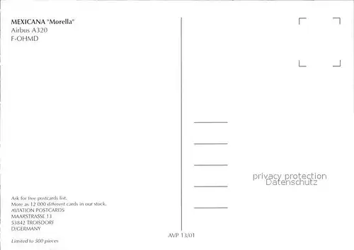 Flugzeuge Zivil Mexicana Morella Airbus 320 F OHMD  Kat. Airplanes Avions