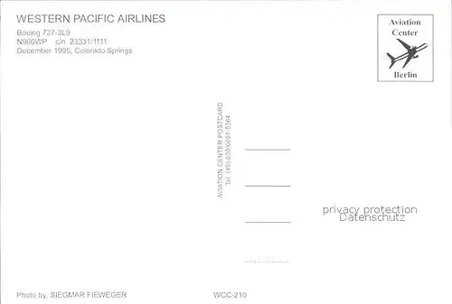 Flugzeuge Zivil Western Pacific Airlines Boeing 737 3L9 N960WP  Kat. Airplanes Avions