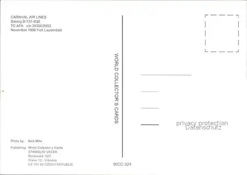 Flugzeuge Zivil Carnival Air Lines Boeing 737 4Q8 TC AFA  Kat. Airplanes Avions