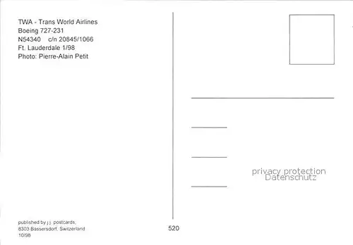 Flugzeuge Zivil TWA Trans World Airlines Boeing 727 231 N54340 c n 20845 1066 Kat. Airplanes Avions