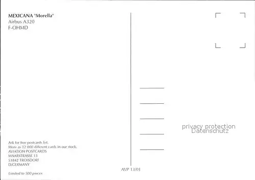 Flugzeuge Zivil Mexicana Morella Airbus A320 F OHMD  Kat. Airplanes Avions