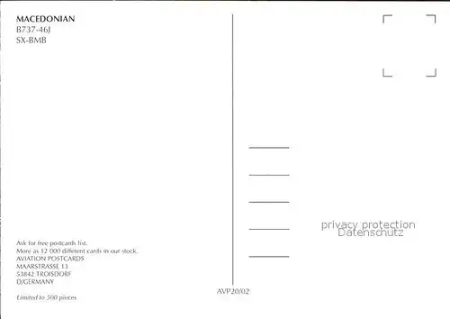 Flugzeuge Zivil Macedonian B737 46J SX BMB  Kat. Airplanes Avions