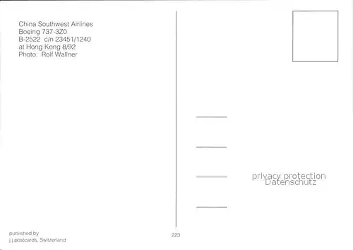 Flugzeuge Zivil China Southwest Airlines Boeing 737 3Z0 B 2522 c n 23451 1240 Kat. Airplanes Avions