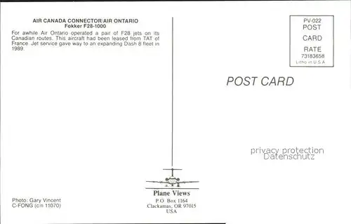 Flugzeuge Zivil Air Canada Connector Air Ontario Fokker F28 1000 Kat. Airplanes Avions