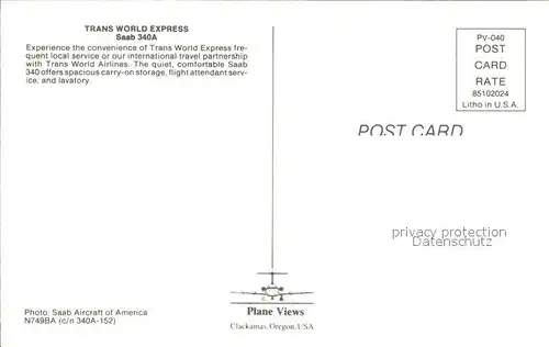 Flugzeuge Zivil Trans World Express Saab 340A  Kat. Airplanes Avions