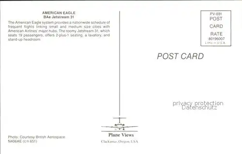 Flugzeuge Zivil American Eagle BAe Jetstream 31 Kat. Airplanes Avions