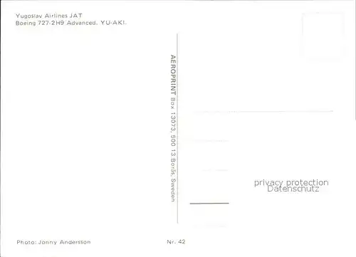 Flugzeuge Zivil Yugoslav Airlines JAT Boeing 727 2H9 Advanced YU AKI Kat. Airplanes Avions