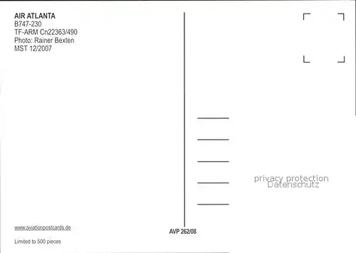 Flugzeuge Zivil Air Atlanta B 747 230 TF ARM Cn 22363 490 Kat. Airplanes Avions
