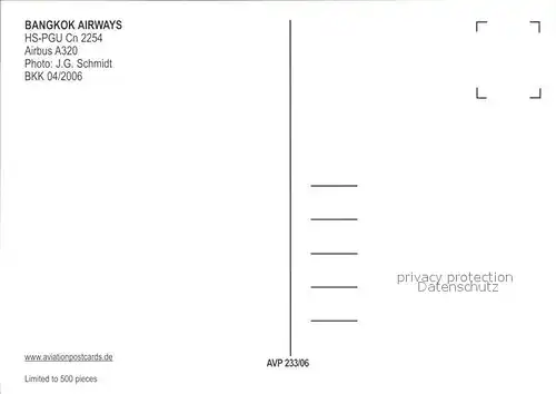 Flugzeuge Zivil Bangkok Airways Airbus A320 HS PGU Cn 2254  Kat. Airplanes Avions