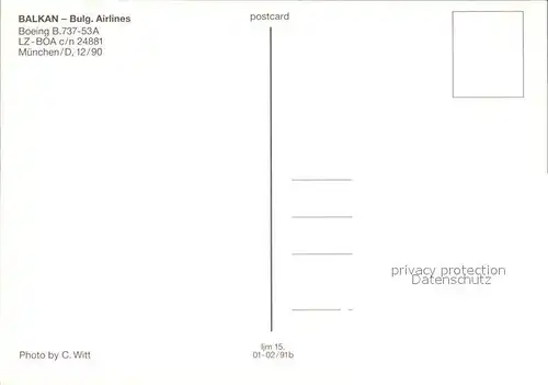 Flugzeuge Zivil Balkan Bulgarian Airlines Boeing 737 53A LZ BOA c n 24881 Kat. Airplanes Avions