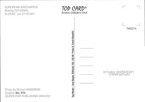 Flugzeuge Zivil European Aircharter Boeing 737 229 G CEAD c n 21137 421 Kat. Airplanes Avions