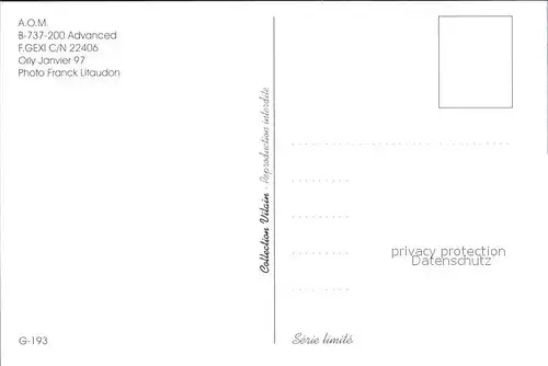 Flugzeuge Zivil AOM B 737 200 Advanced F GEXI C N 22406 Kat. Airplanes Avions