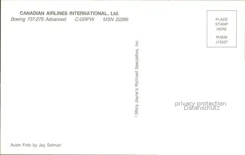 Flugzeuge Zivil Canadian Airlines International Ltd. Boeing 737 275 Advanced  Kat. Airplanes Avions