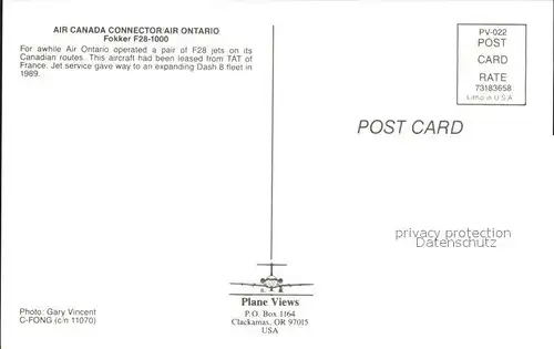 Flugzeuge Zivil Air Ontario Fokker F 28 1000 Kat. Airplanes Avions