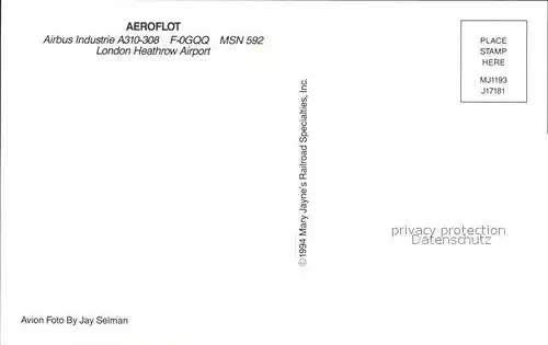Flugzeuge Zivil Aeroflot Airbus Industrie A310 308 F 0GQQ MSN 592 Kat. Airplanes Avions