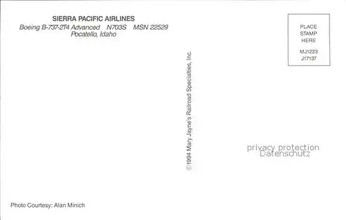 Flugzeuge Zivil Sierra Pacific Airlines Boeing 737 2T4 Advanced N703S MSN 22529 Kat. Airplanes Avions