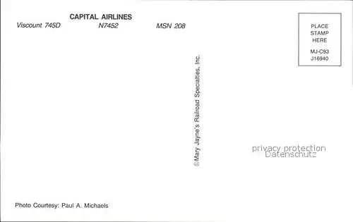 Flugzeuge Zivil Capital Airlines Viscount 745D N7452 MSN 208 Kat. Airplanes Avions