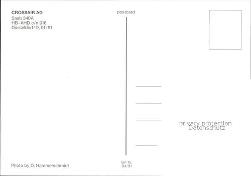 Flugzeuge Zivil Crossair Saab 340A HB AHD c n 018 Kat. Airplanes Avions
