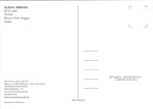Flugzeuge Zivil Sudan Airways B 737 200 TS IOF  Kat. Airplanes Avions