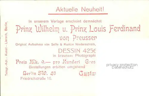 Adel Preussen Prinz Wilhelm Prinz Louis Ferdinand  Kat. Koenigshaeuser