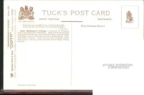 Verlag Tucks Oilette Nr. 7732 Anne Hathaway s Cottage Shakespeare s Country  Kat. Verlage