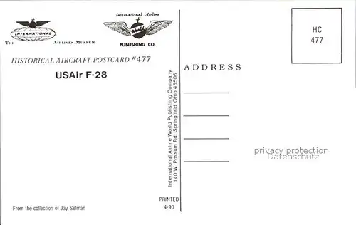 Flugzeuge Zivil USAir F 28 Kat. Airplanes Avions