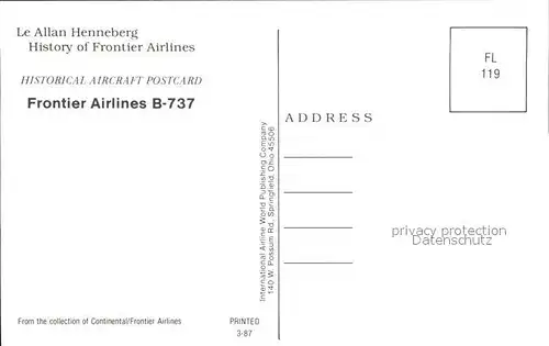 Flugzeuge Zivil Frontier Airlines B 737 Kat. Airplanes Avions
