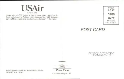 Flugzeuge Zivil USAir Fokker 100 N850US  Kat. Airplanes Avions