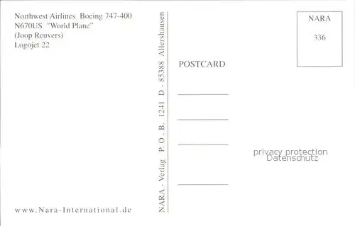 Flugzeuge Zivil Northwest Airlines Boeing 747 400 N670US World Plane  Kat. Airplanes Avions