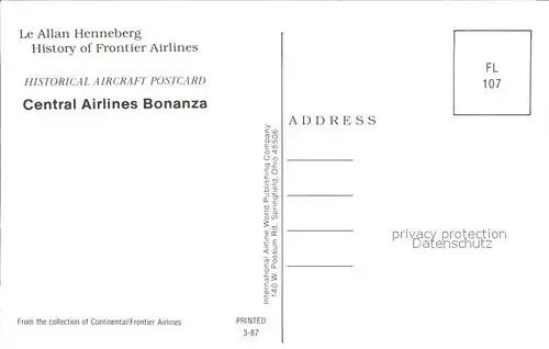 Flugzeuge Zivil Central Airlines Bonanza Kat. Airplanes Avions