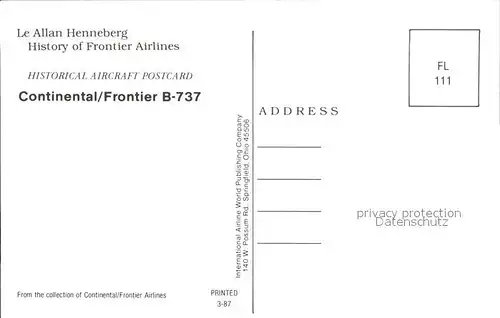 Flugzeuge Zivil Continental Frontier B 737 Kat. Airplanes Avions