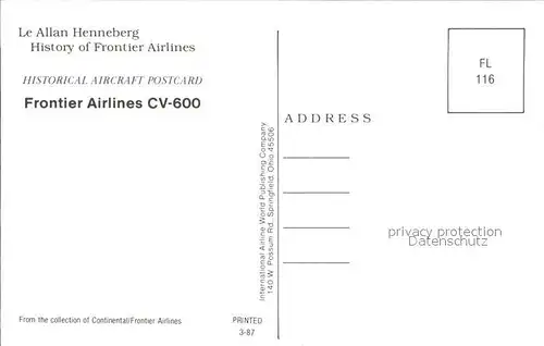 Flugzeuge Zivil Frontier Airlines CV 600 Kat. Airplanes Avions