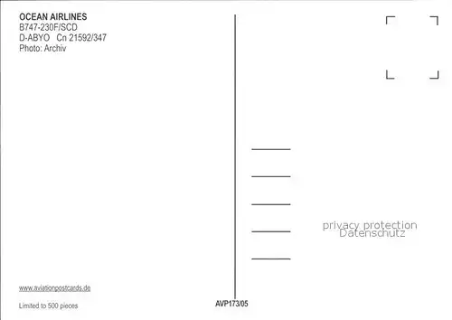 Flugzeuge Zivil Ocean Airlines B 747 230F SCD D ABYO Cn 21592 347 Kat. Airplanes Avions