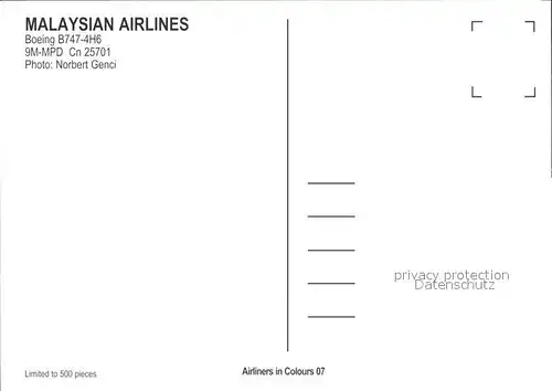 Flugzeuge Zivil Malaysian Airlines Boeing 747 4H6 9M MPD Cn 25701 Kat. Airplanes Avions