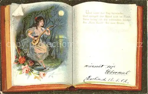 Mandoline Frau Rosen Buch Gedicht Litho Kat. Musik