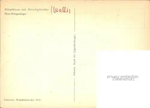 Gletscher Maerjelensee Aletschgletscher Schweizer Wanderkalender  1958  Kat. Berge