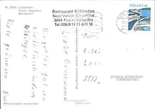 Seilbahn Fiesch Eggishorn Blinnenhorn  Kat. Bahnen