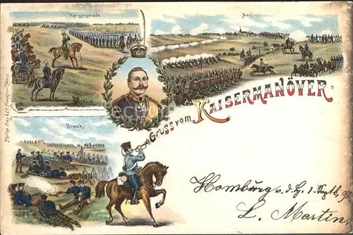 Wilhelm II Gruss vom Kaisermanoever Litho / Persoenlichkeiten /