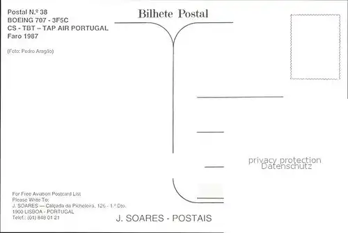 Flugzeuge zivil Postal Nr 38 Boeing 707 3F5C CS TBT  TAP Air Portugal Kat. Airplanes Avions