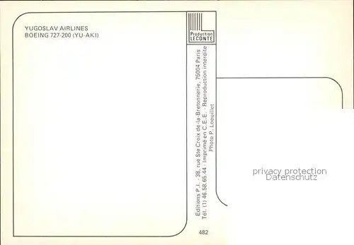 Flugzeuge zivil Yugoslav Airlines Boeing 727 200 (YU AKI) Kat. Airplanes Avions