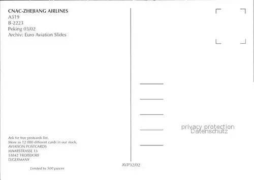 Flugzeuge zivil CNAC Zhejinang Airlines A319 B 2223 Peking Kat. Airplanes Avions