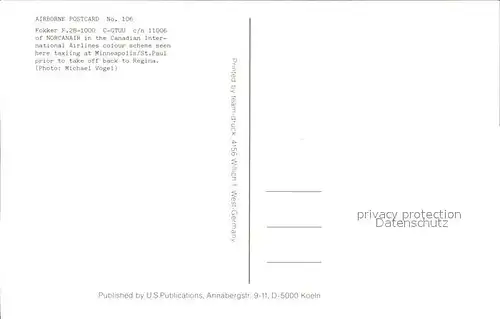 Flugzeuge Zivil NorcanAir Canadian International Airlines Fokker F.28 1000 C GTUU c n 11006  Kat. Airplanes Avions