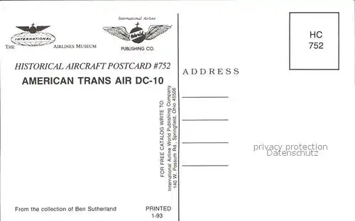 Flugzeuge Zivil American Trans Air DC 10 Kat. Airplanes Avions