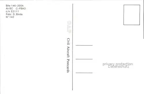 Flugzeuge Zivil Air BC BAe 146 200A C FBAO c n E2111 Kat. Airplanes Avions