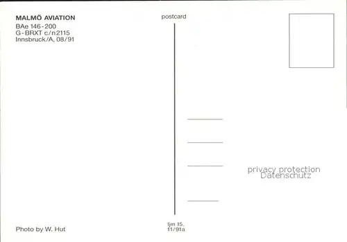 Flugzeuge Zivil Malmoe Aviation BAe 146 200 G BRXT c n 2115 Kat. Airplanes Avions
