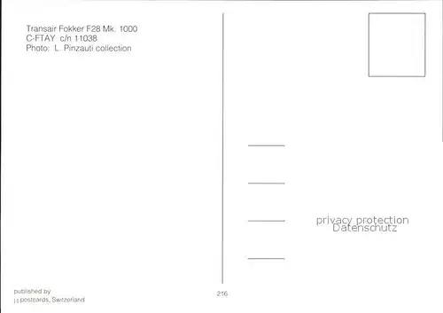 Flugzeuge Zivil Transair Fokker F28 Mk. 1000 C FTAY c n 11038 Kat. Airplanes Avions