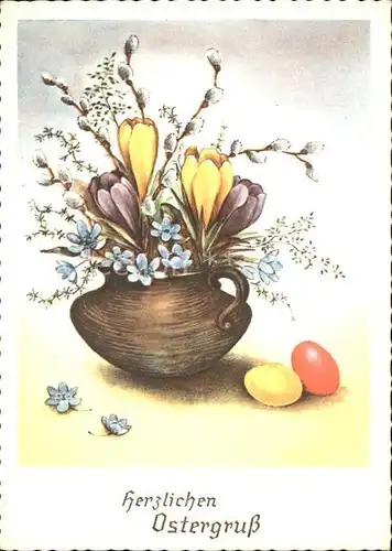 Ostern Easter Paques Ostereier Weidenkaetzchen Krokusse Leberbluemchen Kat. Greetings