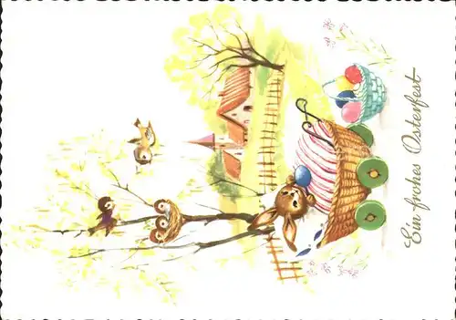 Vermenschlicht Hase Kinderwagen Ostereier Voegel Ostern  Kat. Kuenstlerkarte