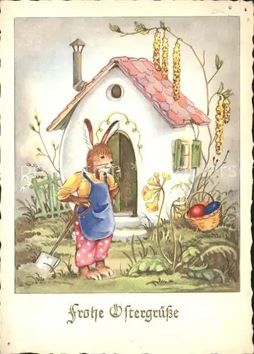 Vermenschlicht Hase Gaertner Ostereier Ostern Schluesselblume Kat. Kuenstlerkarte